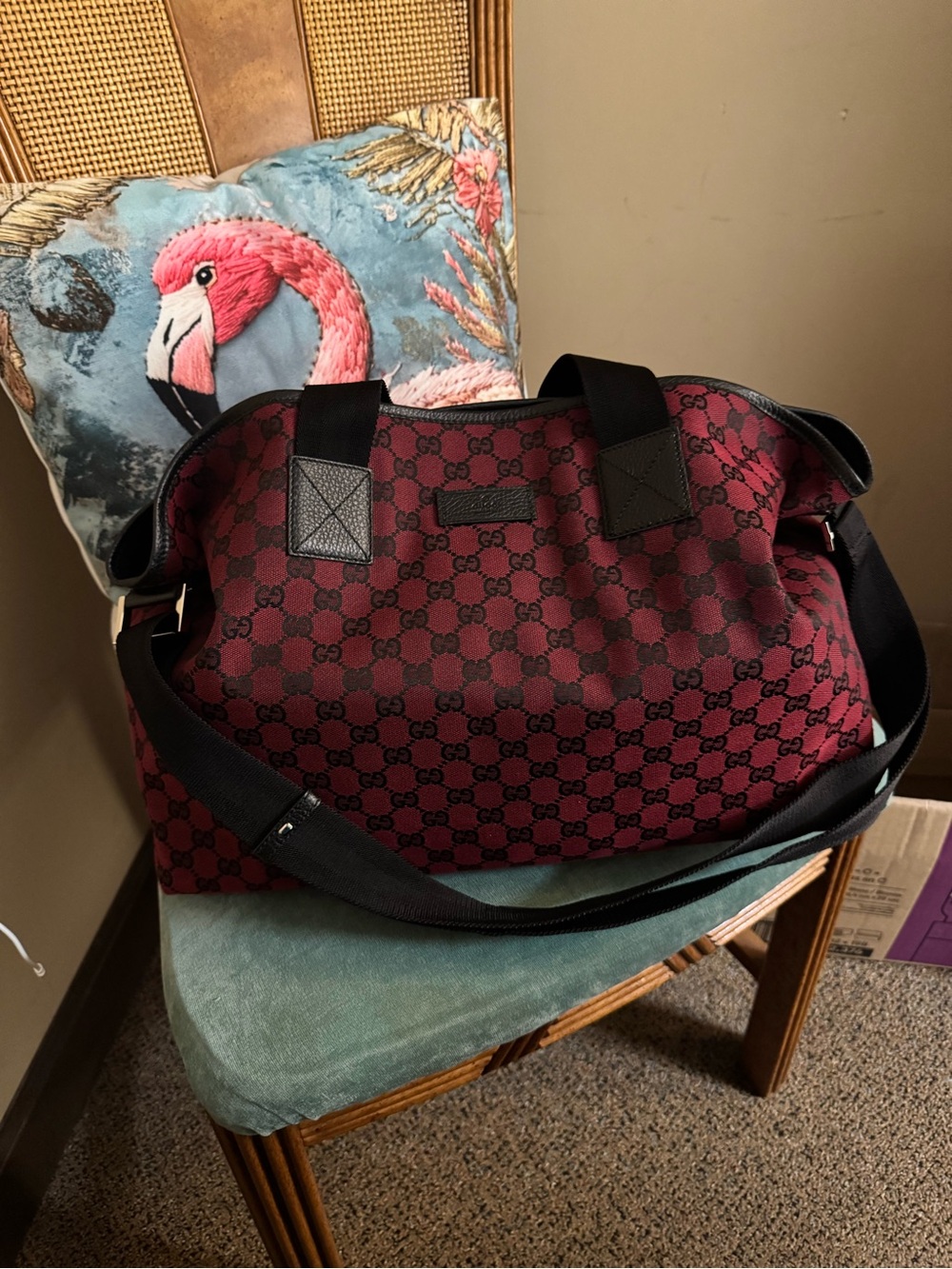 Gucci Burgundy Monogram Canvas Duffel Bag with Black Trim